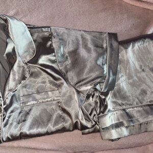 Zenana Outfitters Gray Satin Pajama Set with White Piping
